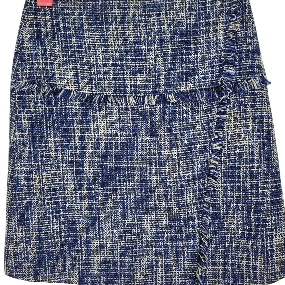 Halogen Tweed A Line Skirt Size 6 Blue Navy White Fringe Trim Side Zip Lined - Picture 3 of 9